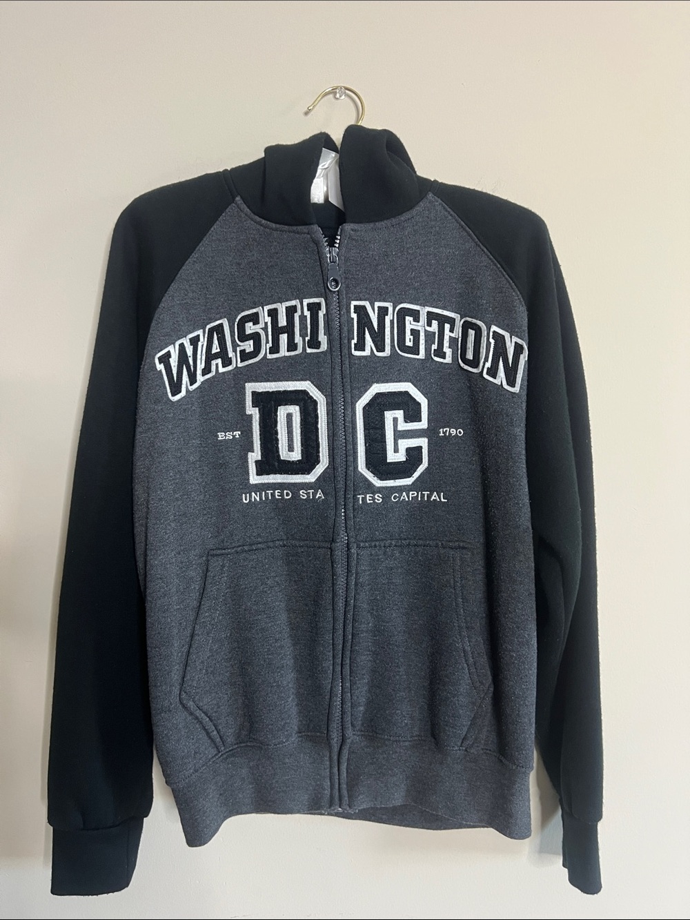 🌸🔠🏛️DC Men's Washington DC Gray and Black Zip-Up Hoodie